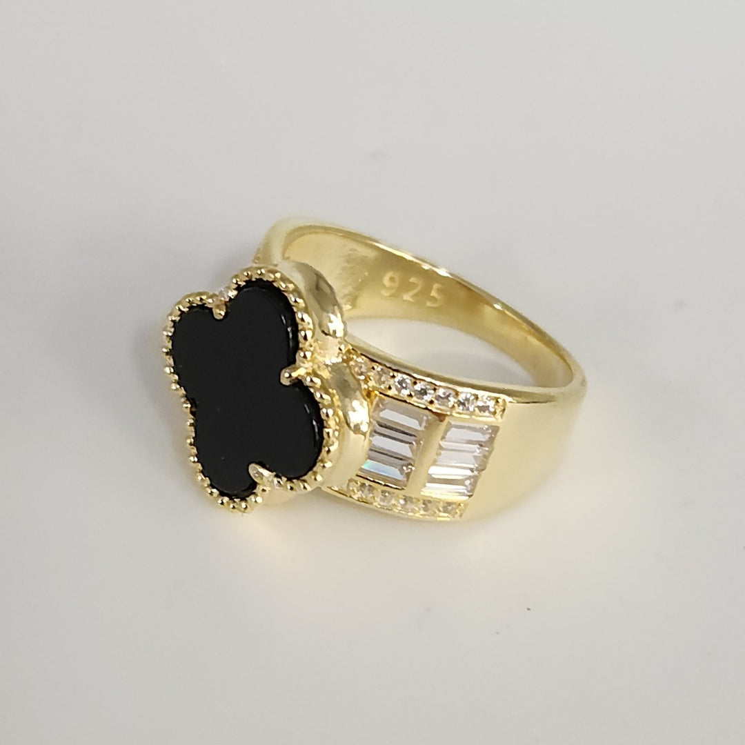 Luxury 925 Silver Gold Plated Onyx Clover Ring With Zirconia Stones Size 6