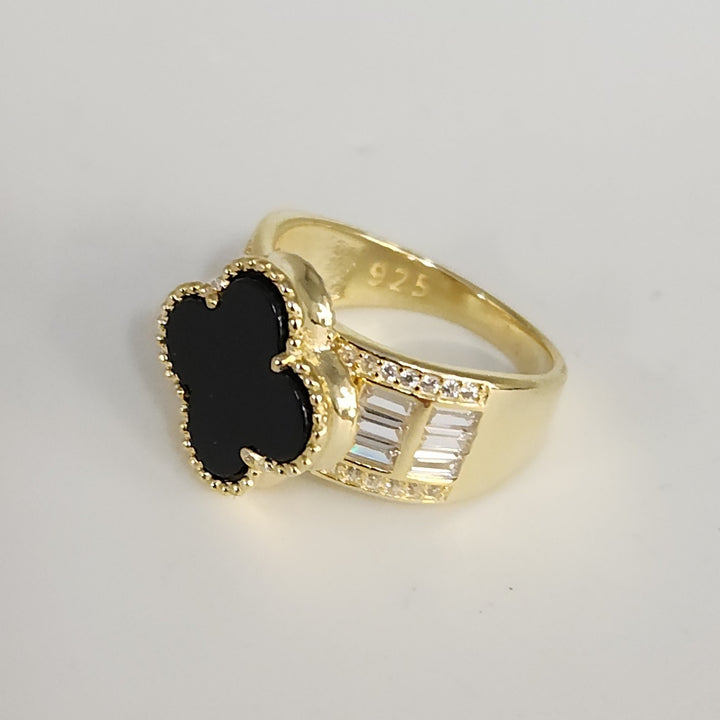 Luxury 925 Silver Gold Plated Onyx Clover Ring With Zirconia Stones Size 6