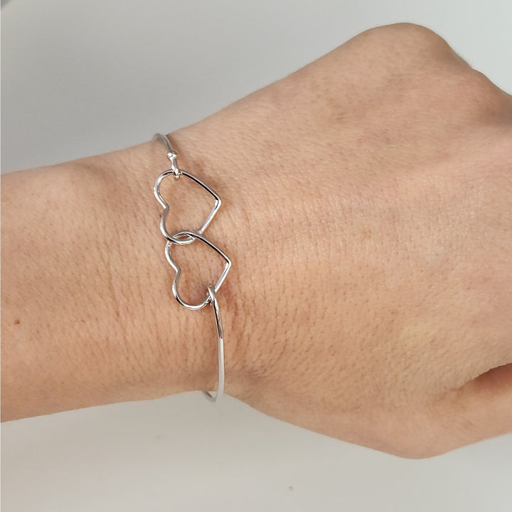 925 Sterling Silver Double Heart Bangle Bracelet