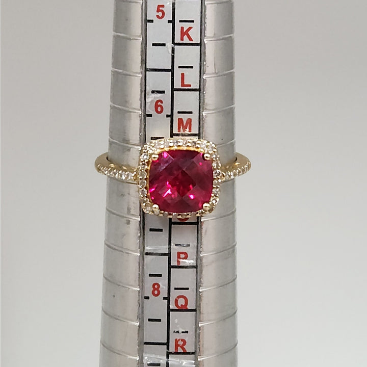 Vintage 14k Cushion Cut Ruby & Diamond Halo  Ring size 6.75