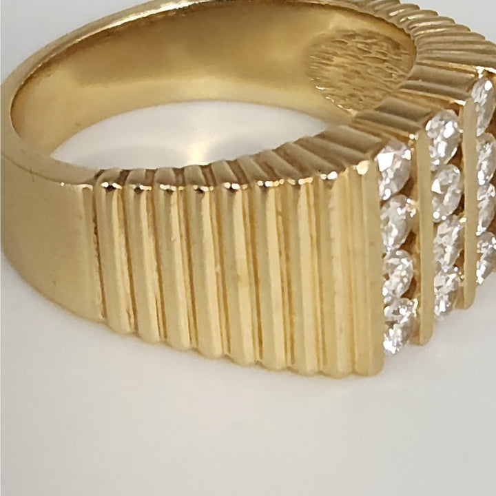14k Yellow Gold Diamond Wide Ribbed Band Ring Multi Row Round Diamonds Ring