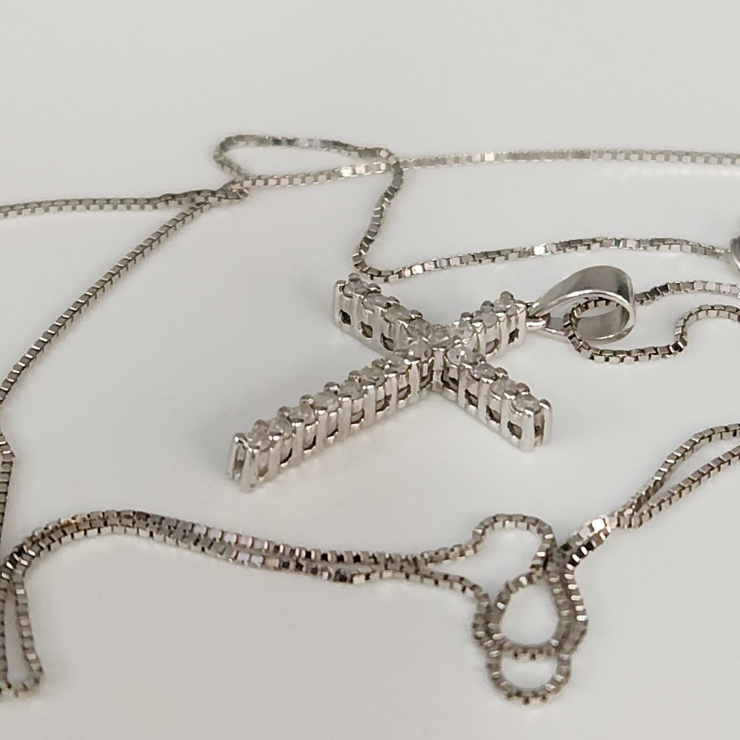 10k White Gold Diamond Cross Pendant & Necklace 18"