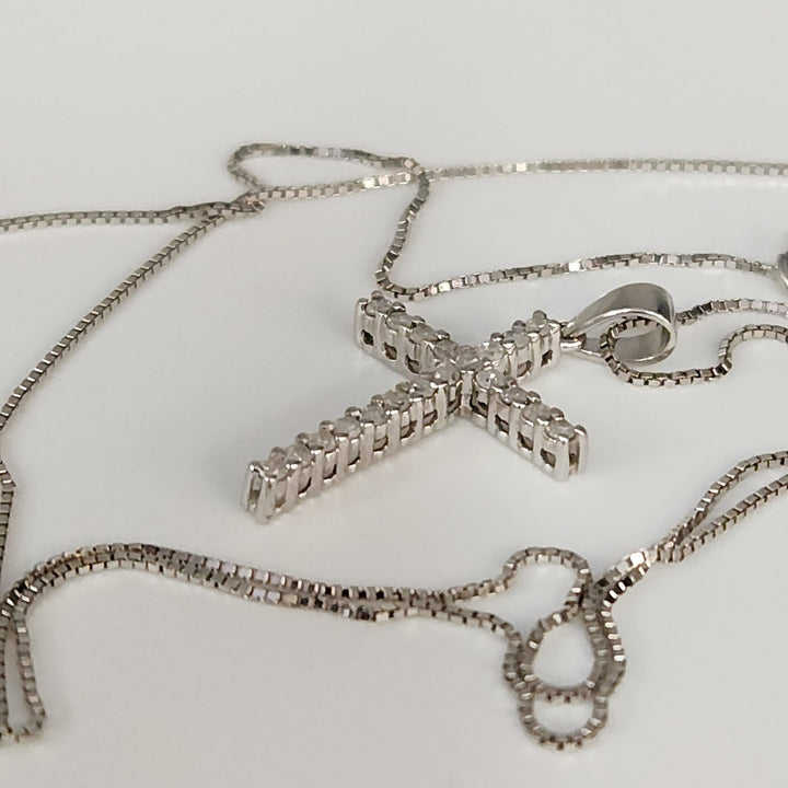 10k White Gold Diamond Cross Pendant & Necklace 18"