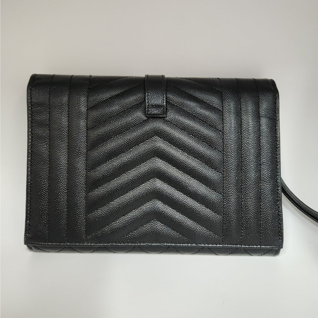 Saint Lauren YSL Black Quilted Envelope Wallet /Crossbody Bag W/ Gold Hardware