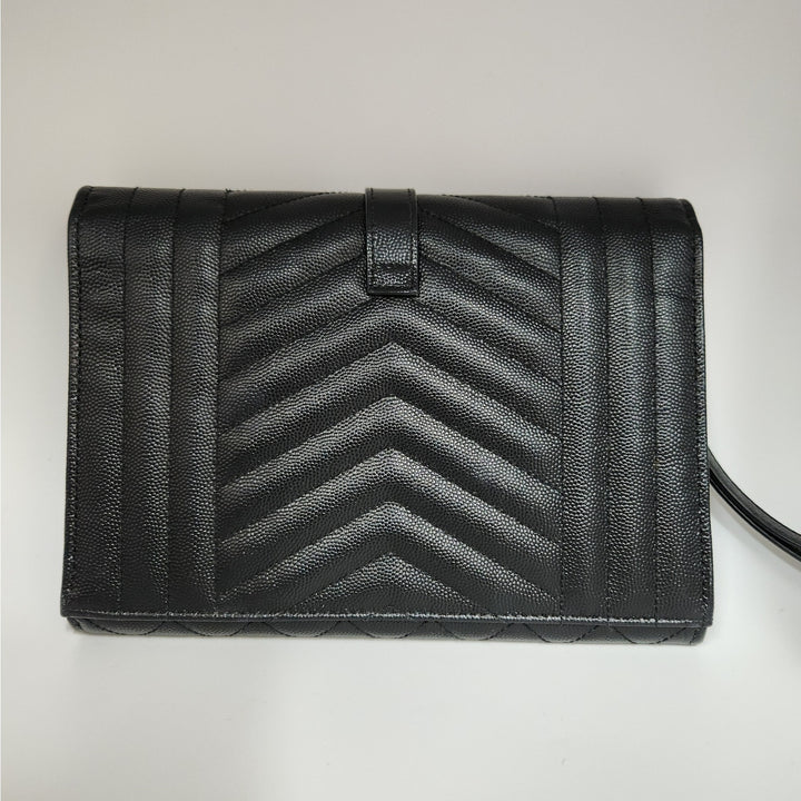 Saint Lauren YSL Black Quilted Envelope Wallet /Crossbody Bag W/ Gold Hardware