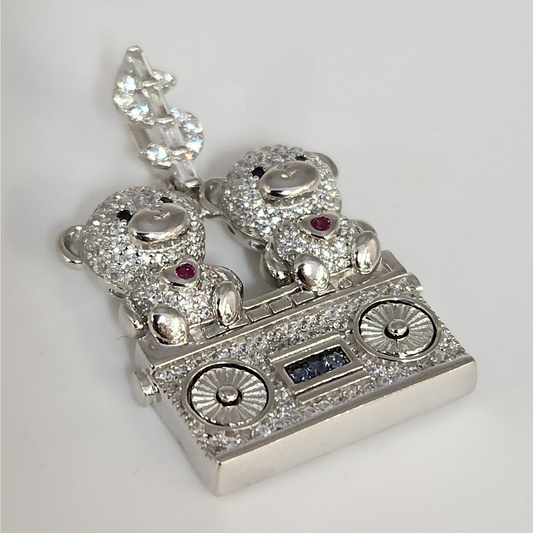 925 Sterling Silver Double Teddy Bear Pendant W/ CZ Accents And Dollar Sign Bail