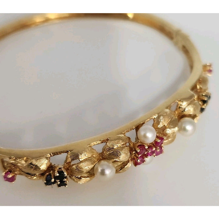 Antique 14k Yellow Gold Pearls,Ruby & Sapphire Bangle Bracelets