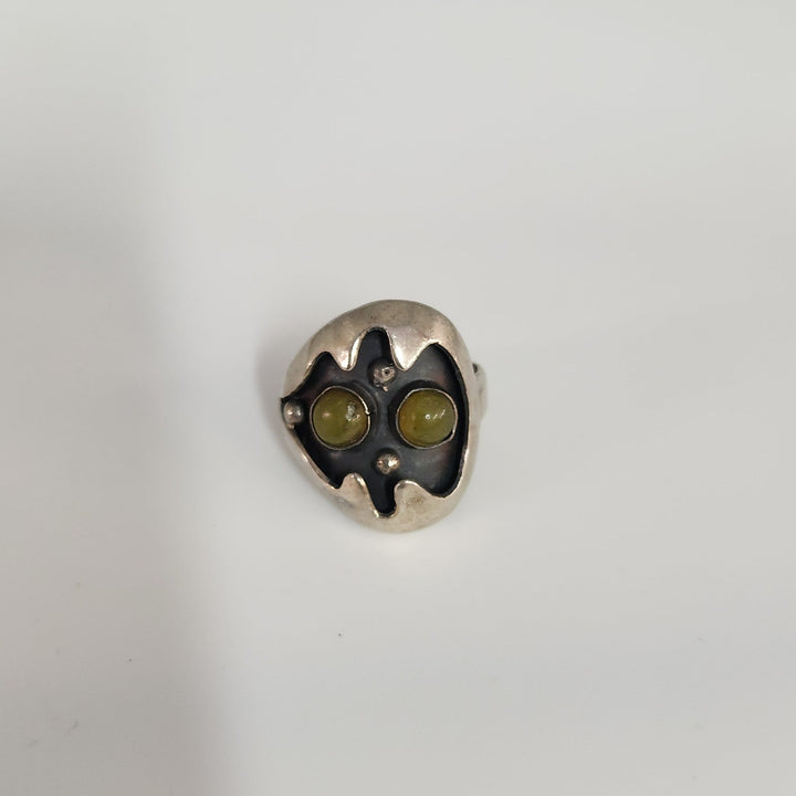 Artisan Sterling Silver Mask Ring set With Dual Green Aventurine Cabochons Stone