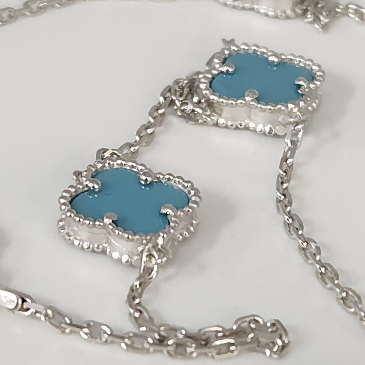 Chic Silver Turquoise Clover Motifs Necklace 21"