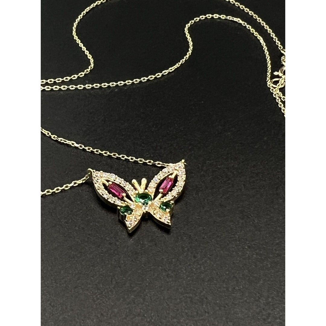 14k Gold Butterfly Multi Colored Gemstone 18in Necklace