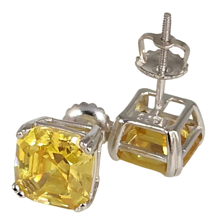 925 Sterling Silver Yellow Asscher Cut CZ stud Earrings