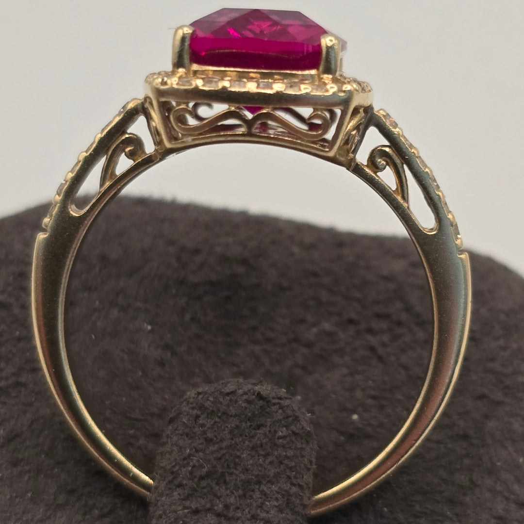 14K Gold Ruby & Diamond Halo Ring 3.0g Size 6.75 Cushion Cut Ring