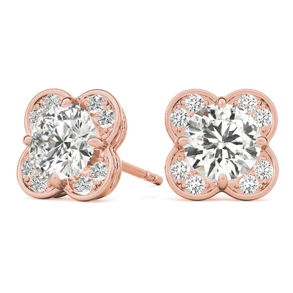14K Rose Gold Round Diamond Halo Earrings