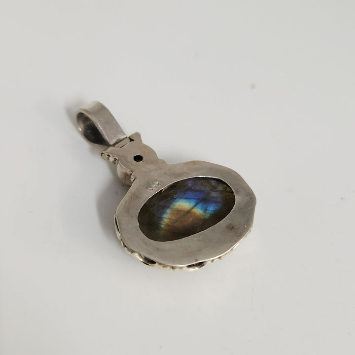 925 Sterling Silver Labradorite And Yellow Tourmaline Pendant Artisan Vintage