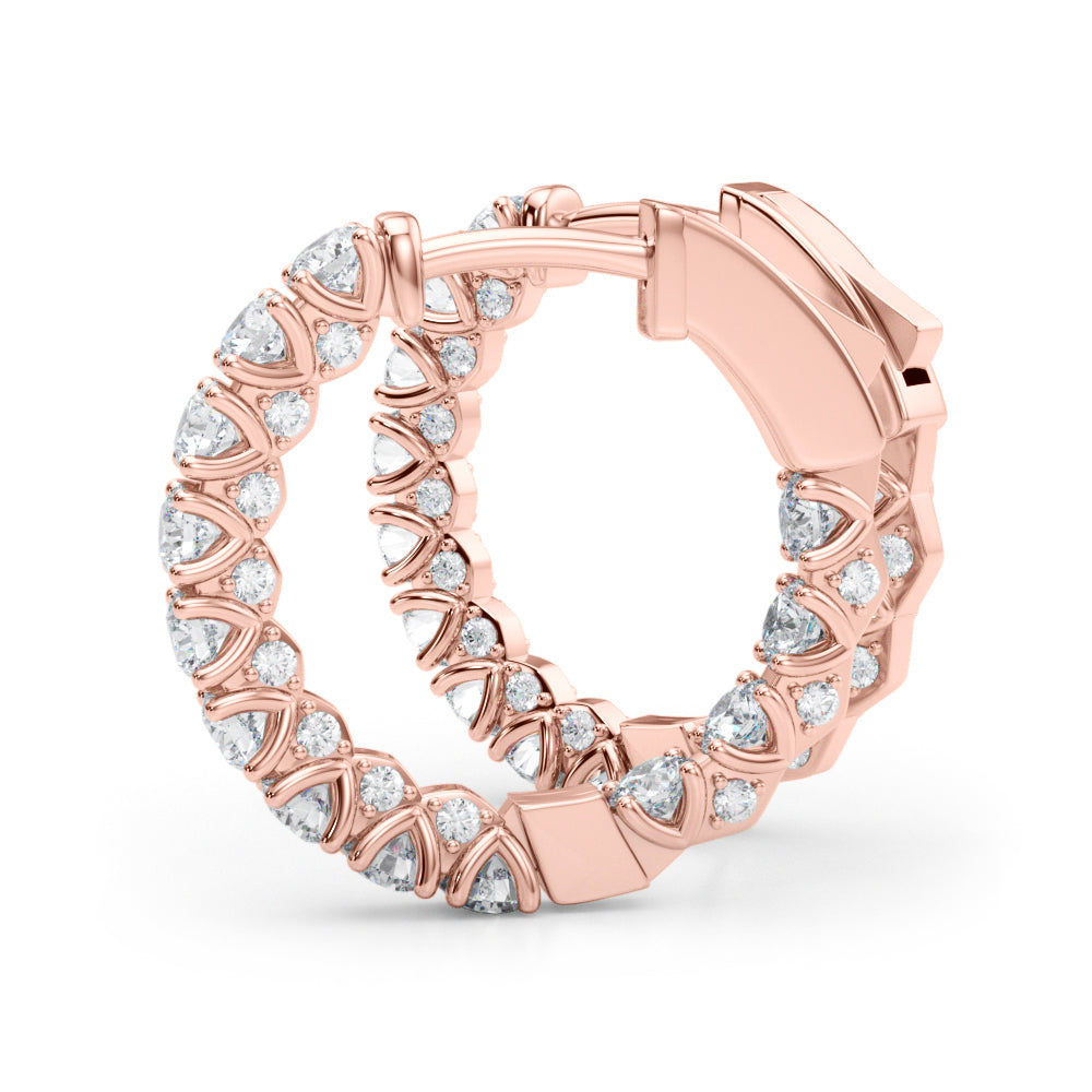 14K Rose Gold Round Diamond Hoop Earrings