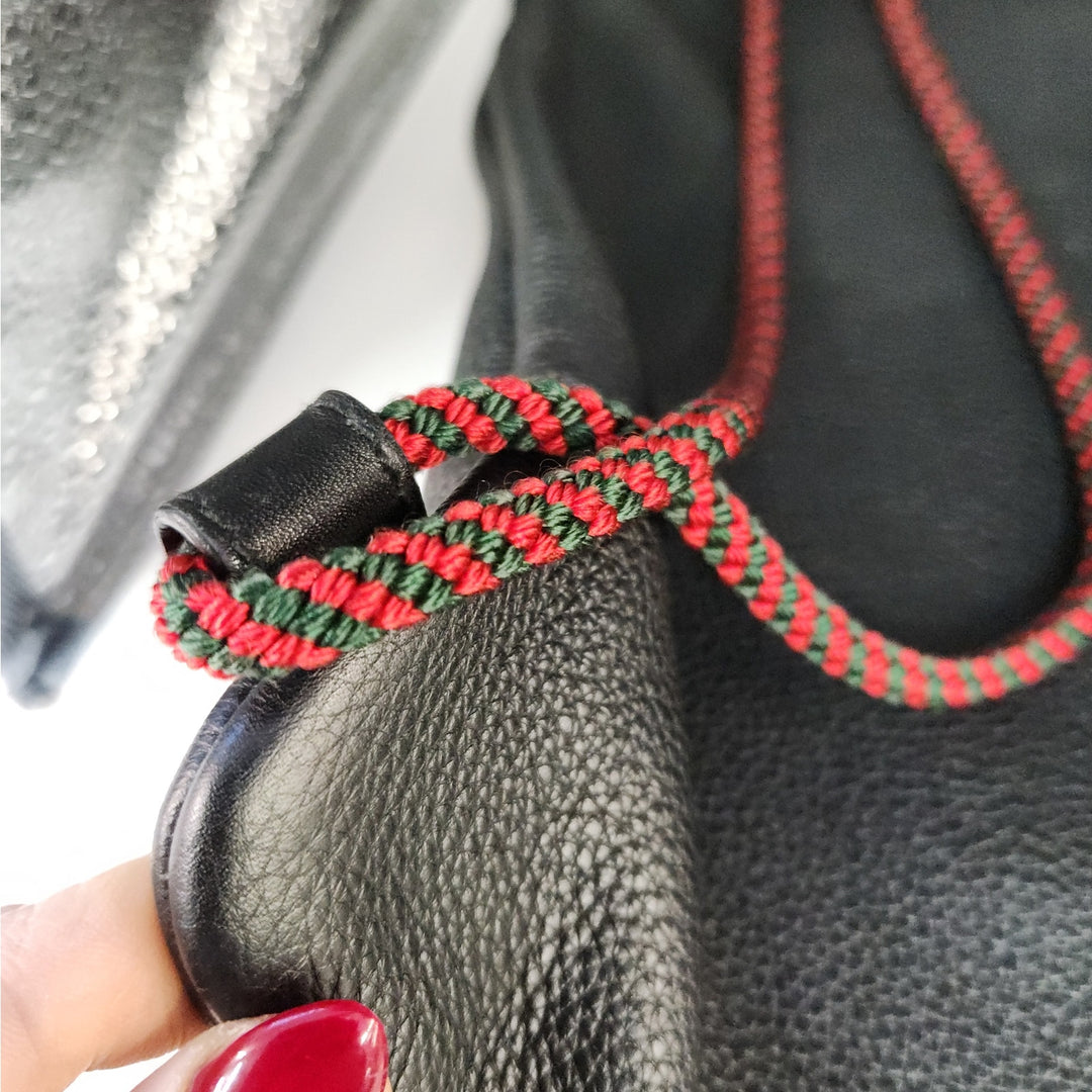 Gucci Black Drawstring Backpack Bag Red Green Accents