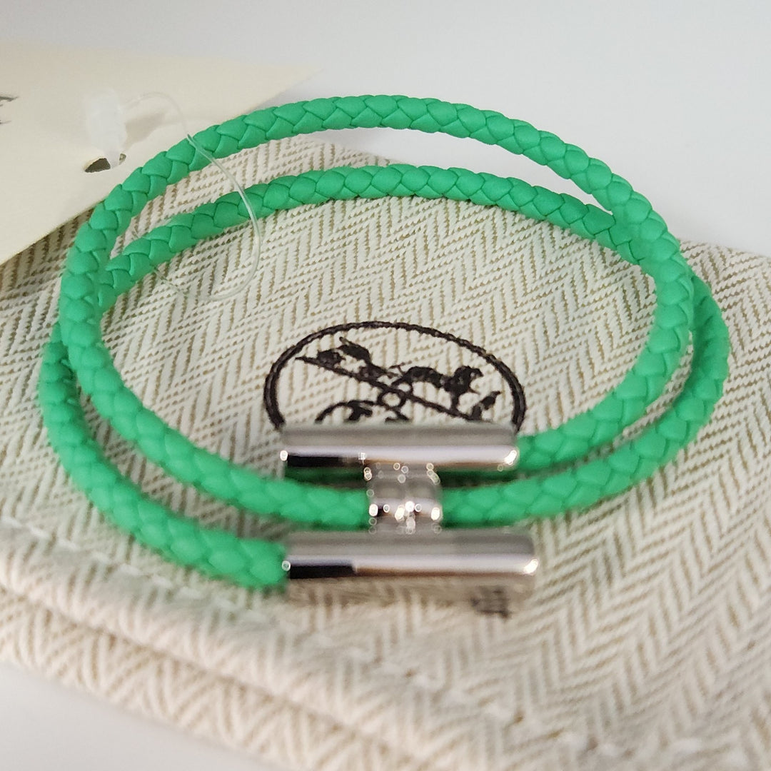 New Hermes Green Tournis Tresse Bracelet Swift Calfskin Authentic T4