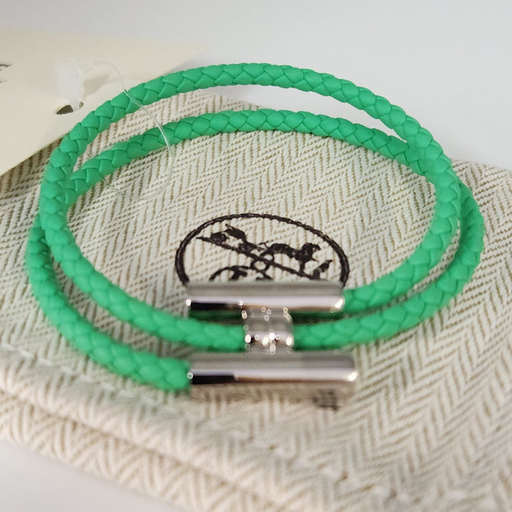 New Hermes Green Tournis Tresse Bracelet Swift Calfskin Authentic T4