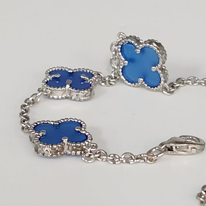 925 Sterling Silver Blue Flowers Bracelet 7.5"