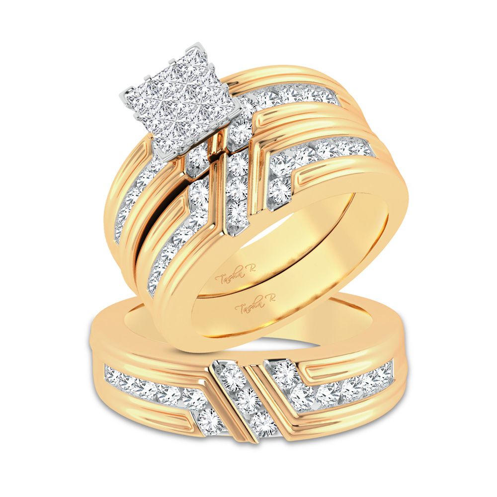 14K Yellow Gold 2ct Lab Diamond Bridal Trio Wedding Ring Set