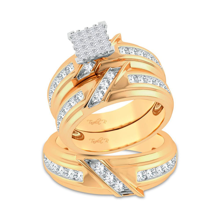14k Yellow Gold 2ct Lab Diamond Bridal Trio Wedding Ring Set