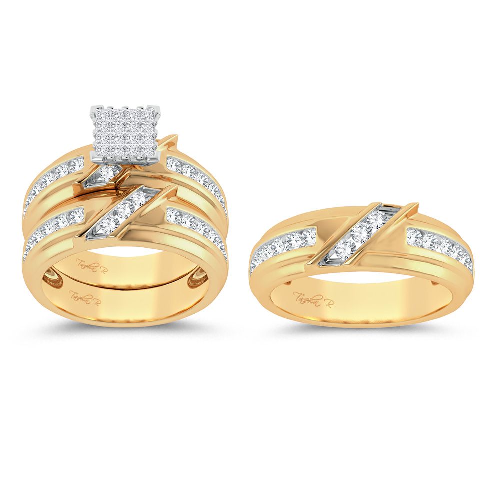 14k Yellow Gold 2ct Lab Diamond Bridal Trio Wedding Ring Set