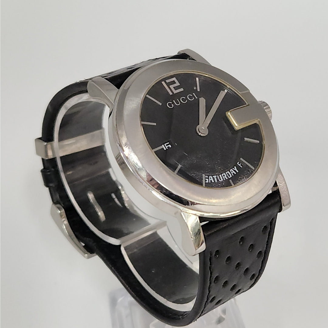 Gucci 101M  Day -Date Watch Black Dial Swiss Made Stainless Steel Leather Strap