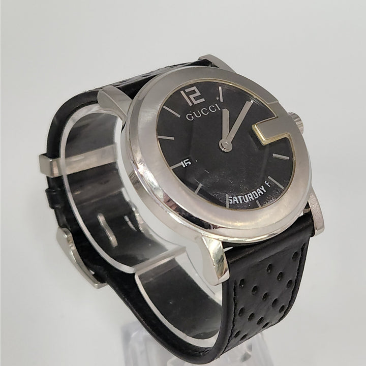 Gucci 101M  Day -Date Watch Black Dial Swiss Made Stainless Steel Leather Strap
