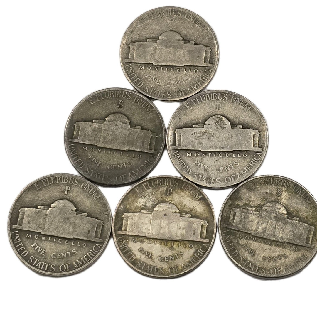 Lot of 6 Jefferson War Nickels 35% silver 1942-1945 Ungraded Circulated 5 Cents