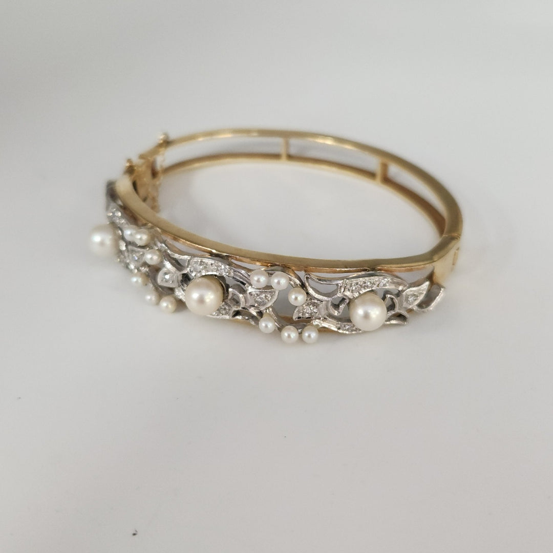 Vintage 14k Two Tone Gold Diamond Pearls Bangle Bracelet