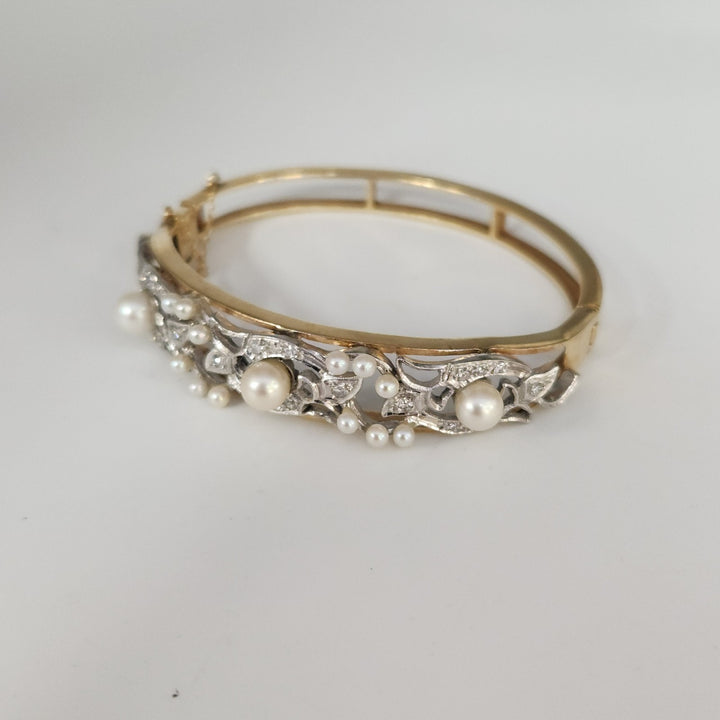 Vintage 14k Two Tone Gold Diamond Pearls Bangle Bracelet