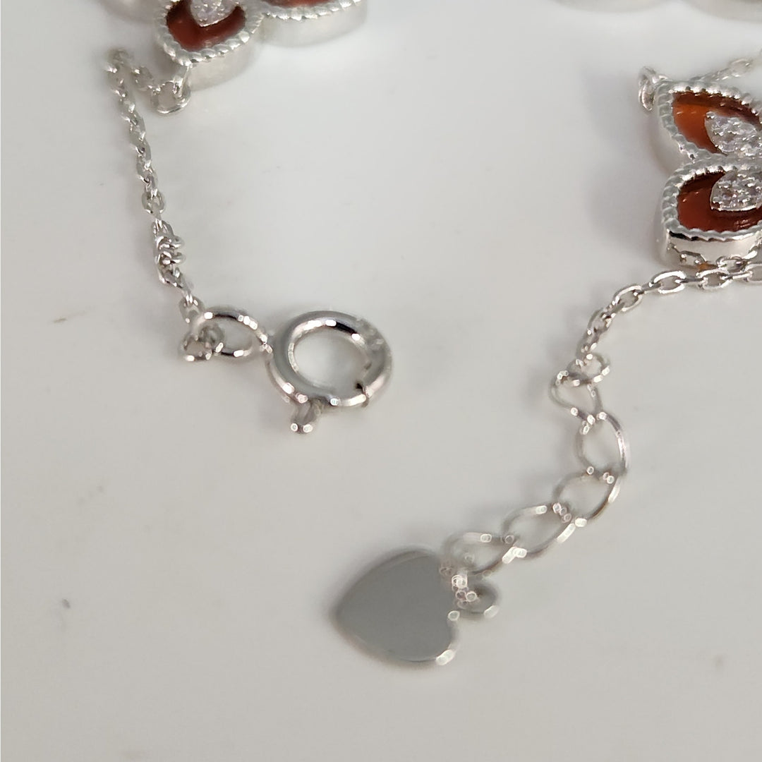 Pretty 925 Sterling Silver Red Clovers Floral bracelet 7.5 "
