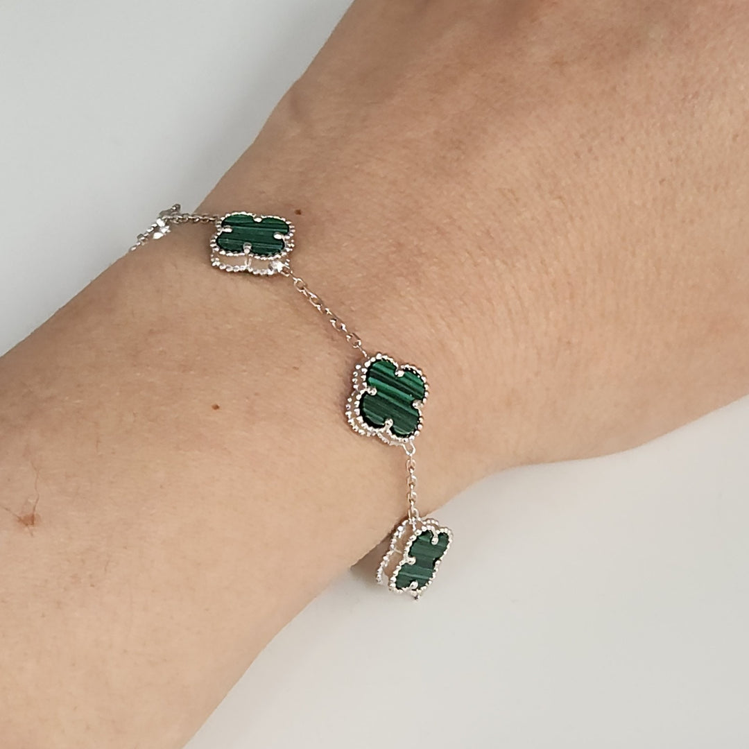 Fashion Silver Bracelet Malachite Floral Clover Links 8"
