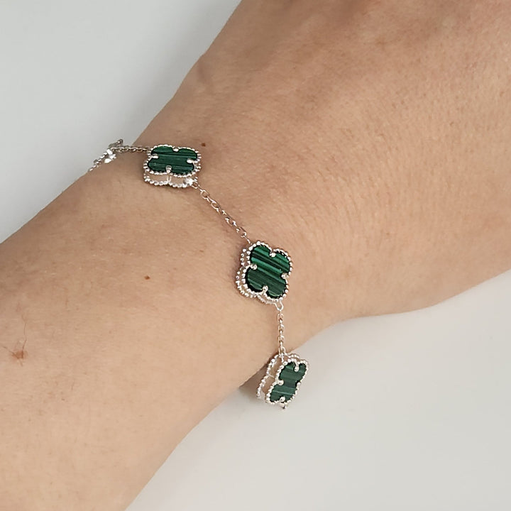 Fashion Silver Bracelet Malachite Floral Clover Links 8"