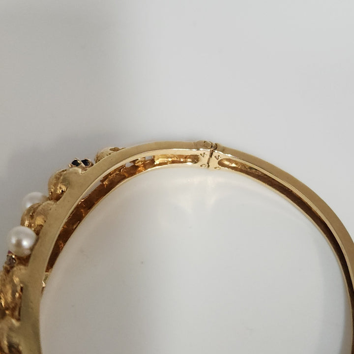 Antique 14k Yellow Gold Diamond,Pearls,Ruby &Sapphire Bangle Bracelets