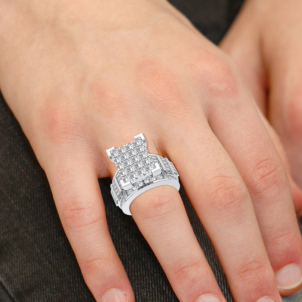 10k White Gold 3CT Lab Diamond Mens Statement Ring