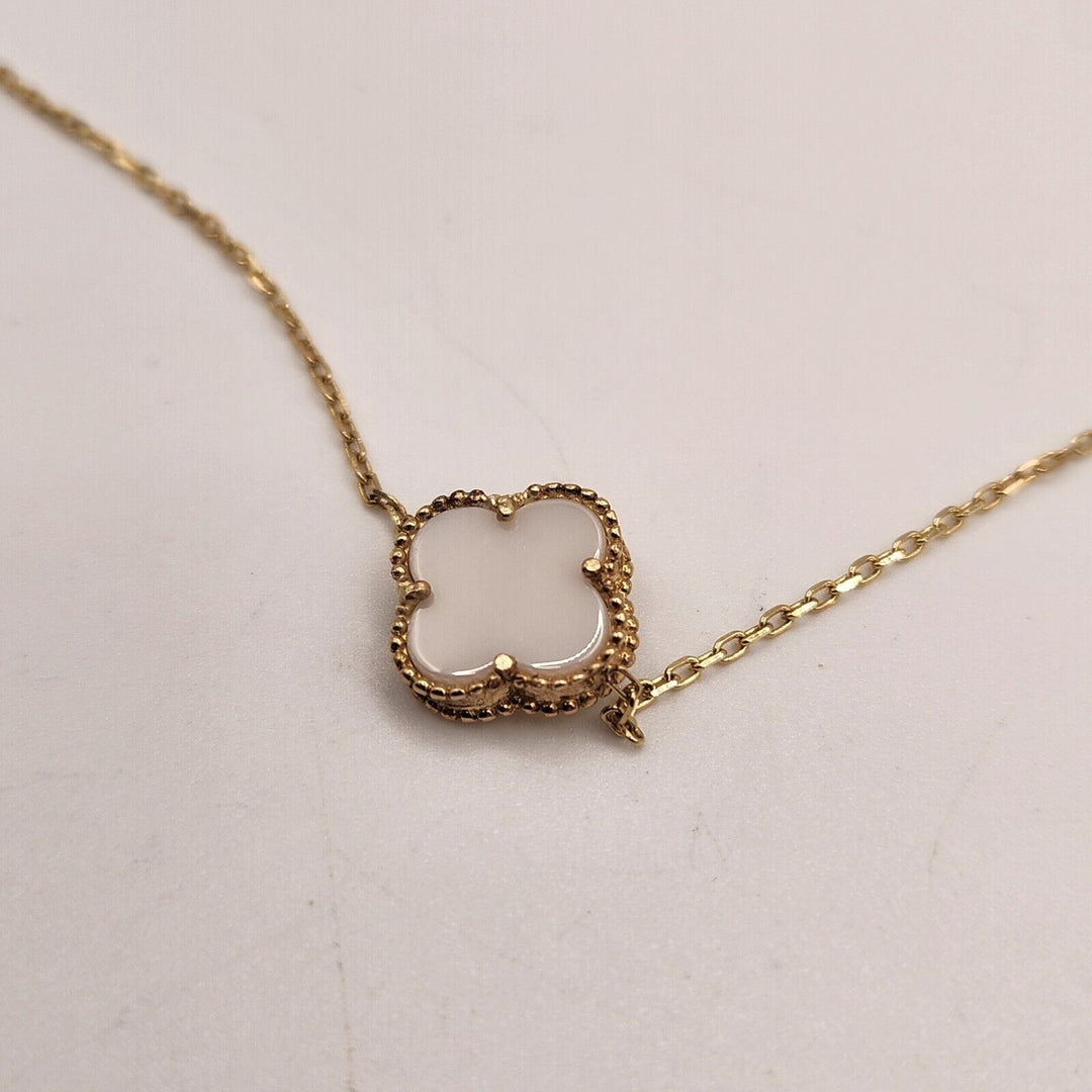 14k Yellow Gold double Face Mother Of Pearl Chain Clover Flower Bracelet 8"