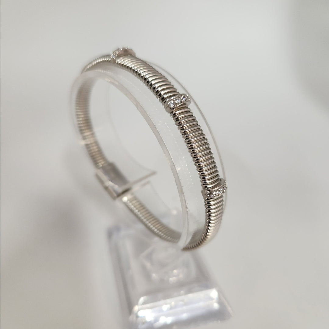 925 Sterling Silver Ribbed Cuff Bracelet with CZ Accents 7.2"