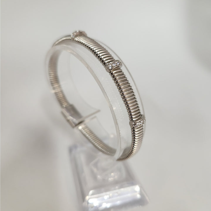 925 Sterling Silver Ribbed Cuff Bracelet with CZ Accents 7.2"