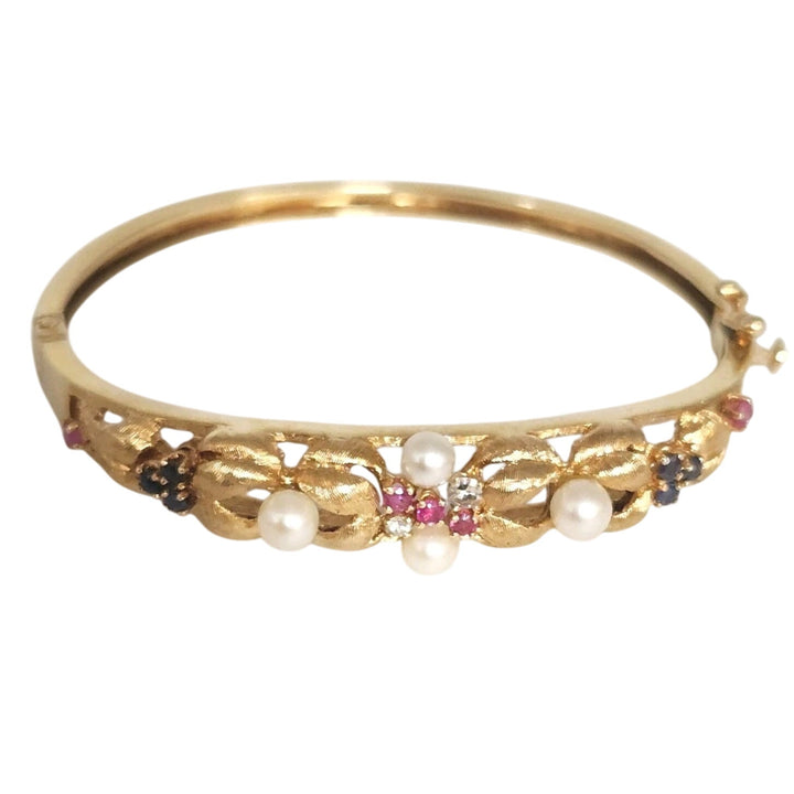 Antique 14k Yellow Gold Diamond,Pearls,Ruby &Sapphire Bangle Bracelets