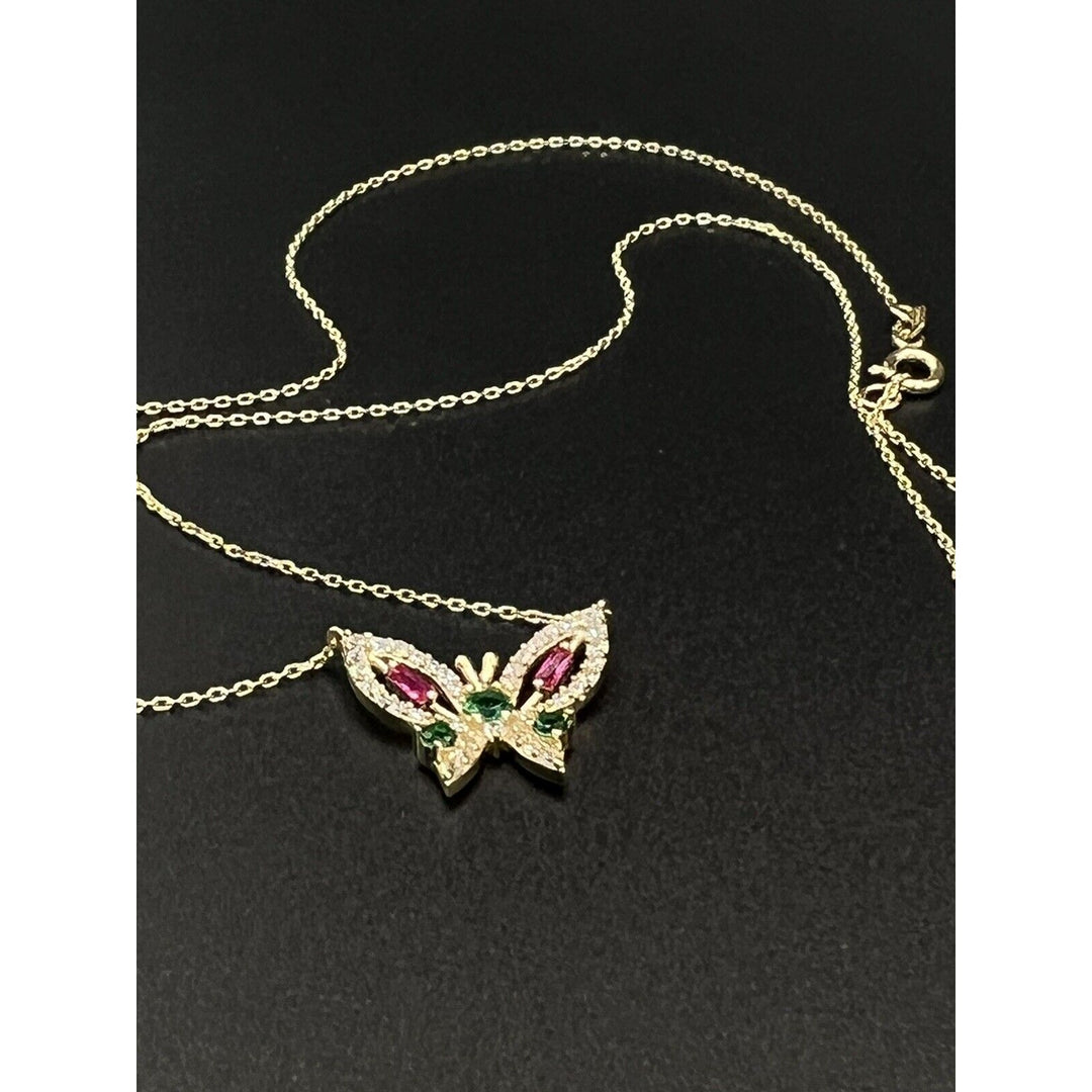 14k Gold Butterfly Multi Colored Gemstone 18in Necklace