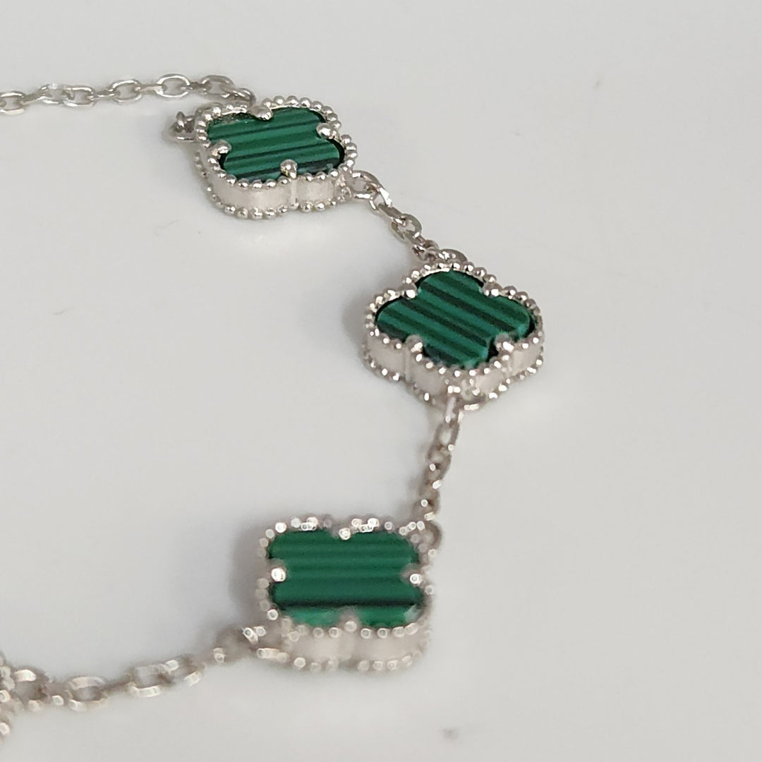 Fashion 925 Silver Malachite Clover Bracelets 8"