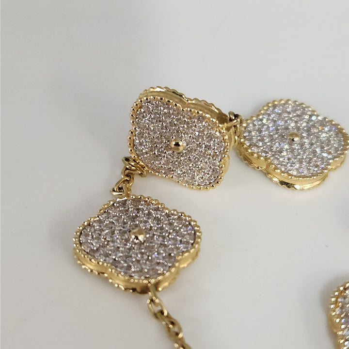 Fashion 14k Gold And Zirconia Solid Flower Clover Bracelet 7.5”