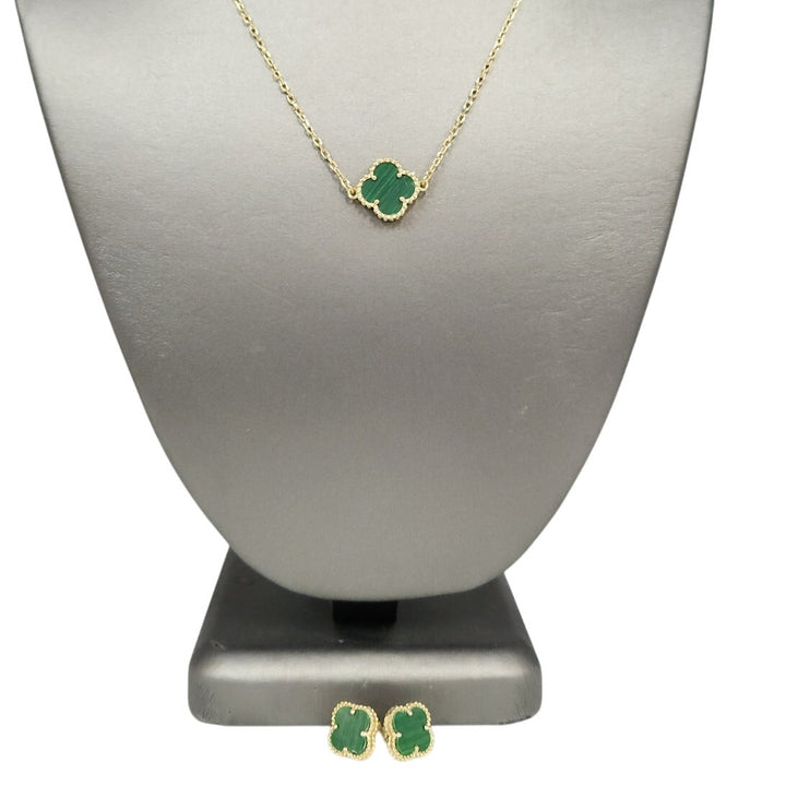 925 Silver Malachite Flowers Jewelry Set With Gold Tone Necklace And Earrings