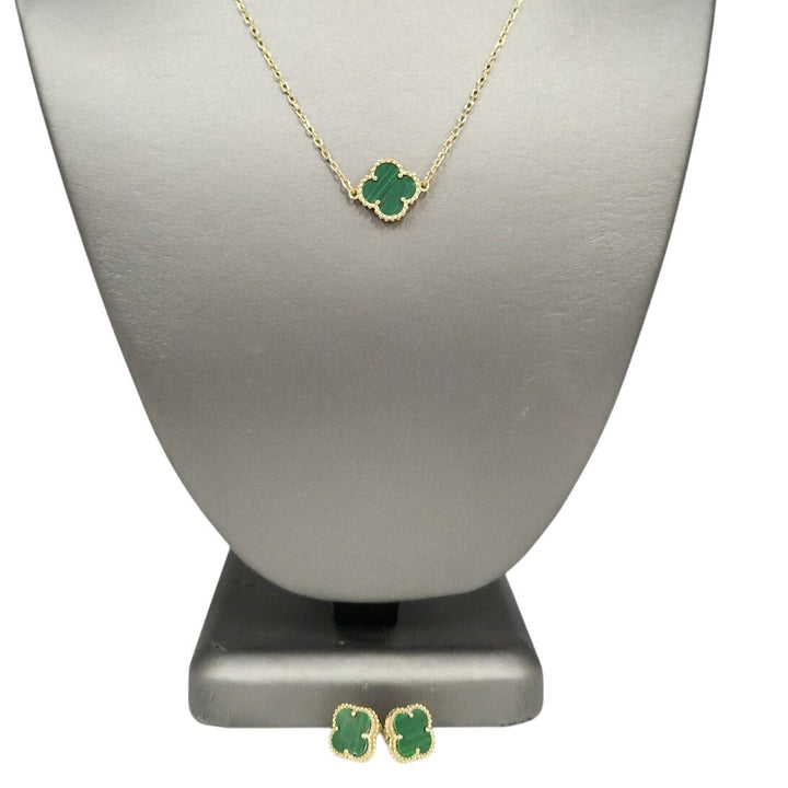 925 Silver Malachite Flowers Jewelry Set With Gold Tone Necklace And Earrings
