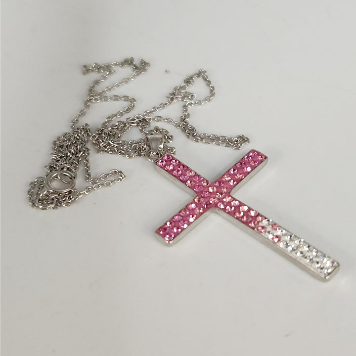 925 Sterling Silver Pink & White Crystal Cross Pendant Necklace 18"