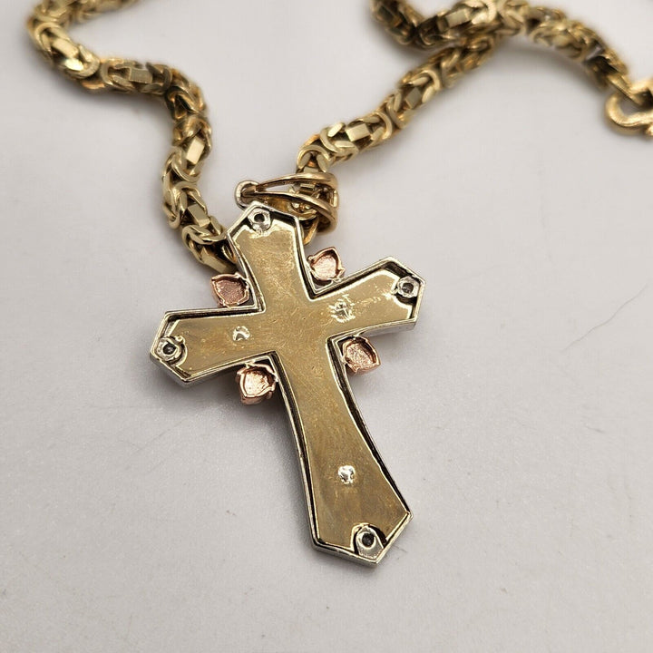 14k Yellow Gold Two Tone Cross Pendant Solid Turkish Chain Necklace 21"