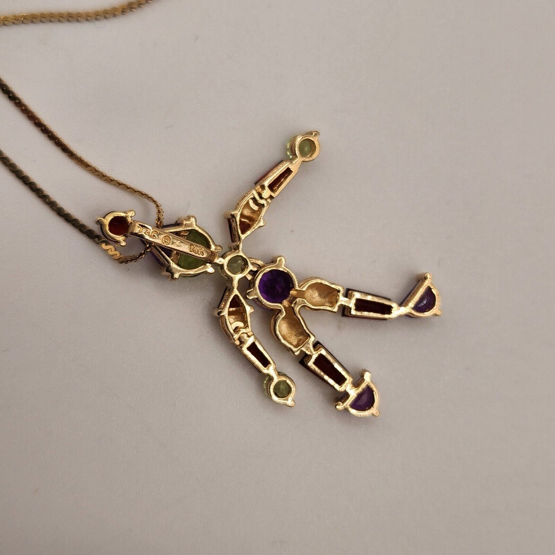 Whimsical 14k Yellow Gold Jester Natural Gemstones Pendant Necklace 16"