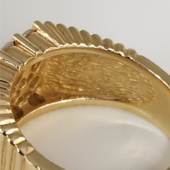 14k Yellow Gold Diamond Wide Ribbed Band Ring Multi Row Round Diamonds Ring