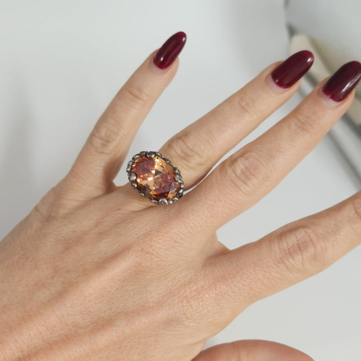 Antique Style Sterling Silver Ring Featuring A Brilliant Natural Golden Citrine